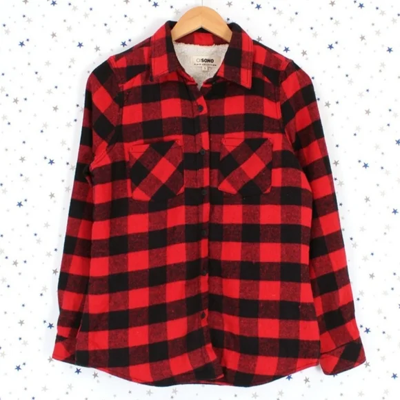 Sherpa Fur Lined Flannel Plaid Button Up Shirt Red Black - Picture 3 of 6